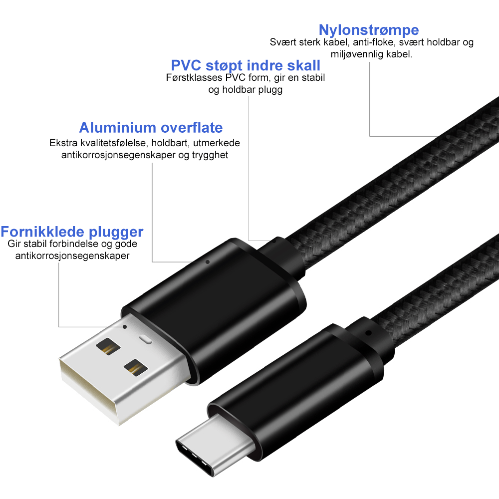 USB kabel c sort nylon specs