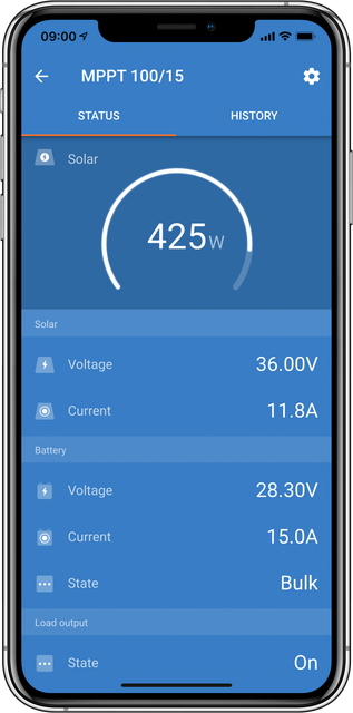 Se sanntidsdata fra Victron SmartSolar solcelleregulatoren i appen.